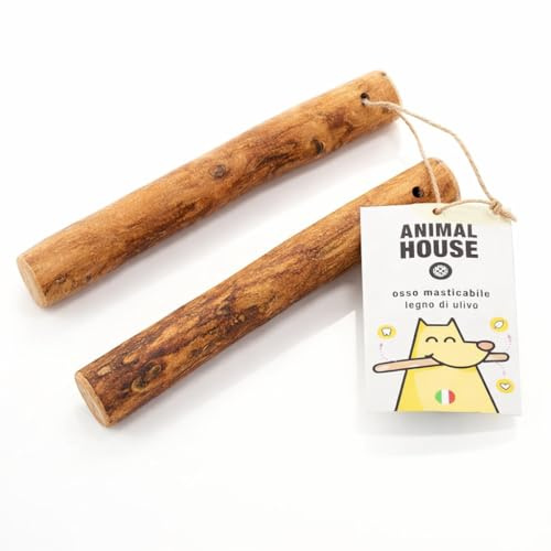 Animal House Set di 2 Legni d’Ulivo per Cani, Masticativo Naturale di Alta Qualità, Resistente, Antistress, per Igiene Orale (15-20 cm, M)