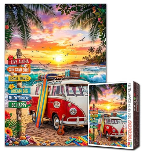 1000 Teile Puzzle für Erwachsene, tropisches Paradies, Retro-Surf-Van, 1000 Teile, Hawaii-Stranddekoration, Bastelarbeiten, Schlafzimmerdekoration, 50 x 70 cm