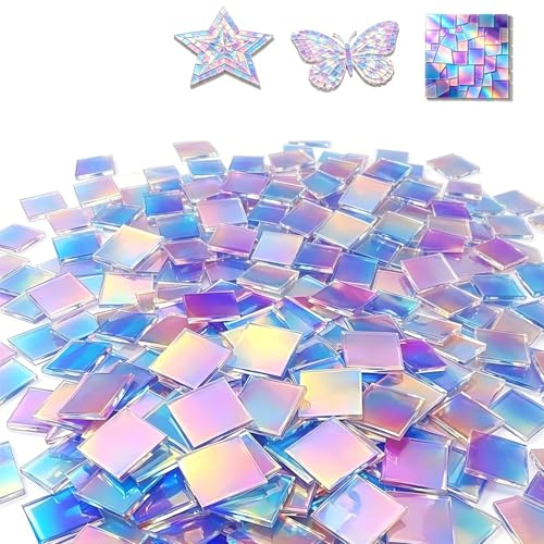 100 er Acryl Mosaiksteine Zum Basteln,3 * 3CM Irisierende Acryl Quadrate | Holografische Mosaikfliesen,Regenbogen Acrylquadrate,für Teller Bilderrahmen Blumentöpfe Mehr Dekoration