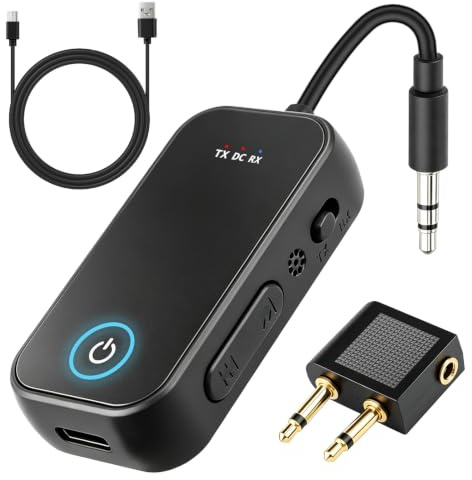 Transmisor Receptor Bluetooth 5.4 Adaptador 2 en 1 Jack 3.5mm para Avión | Emisor Receptor Audio con Cable USB-C y Adaptador Audio Doble Clavija para Avión Coche TV Altavoces Auriculares y Viaje