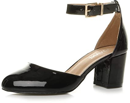 AJVANI Low mid Block Heel Ankle Strap Court Shoes Sandals Size 3 36 Black Patent