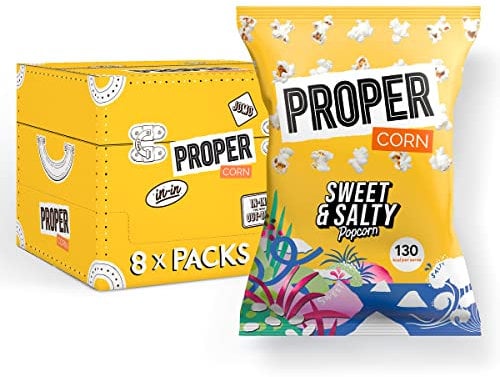 PROPER Sweet & Salty Popcorn, 90g x 8, Sharing Bags, Natural Sea Salt and Demerara Sugar Seasoning, Vegetarian & Gluten-Free, 135 kcal per portion