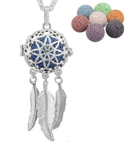 INFUSEU Aromatherapie Diffuser Schmuck Traumfänger, Duftstein Aroma Duftanhänger Kette Versilbert Feder Frauen Halskette Klassischen Anhänger Meditations Stimmungskette Lavastein