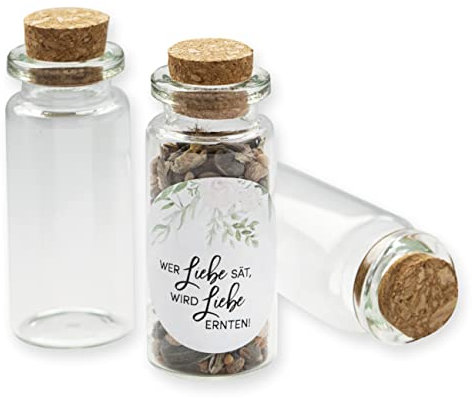 Schokoladenseite 40 Stk Glasflaschen Greenery, kleine Fläschchen mit Korken und Aufkleber für Blumensamen, Gastgeschenk für Hochzeit, Taufe, Geburtstag