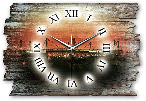 Kreative Feder Designer Wanduhr Dortmund Stadion aus Holz Größe 40x27cm - Wanduhr im Landhaus-Stil Shabby-Style Made in Germany leise ohne Ticken (Dortmund, leises Funkuhrwerk)