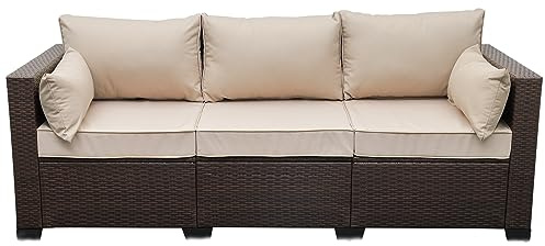WAROOM Patio Couch PE Rattan 3-Seat Outdoor Sofa Brown Wicker Furniture Set Deep Seating with Anti-Slip Beige Cushion