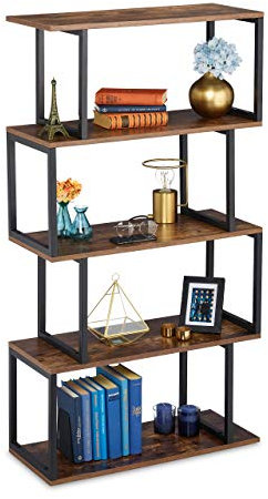 Relaxdays Bücherregal, Industrial Design, 5 Ablagen, MDF & Metall, HxBxT: 136 x 73 x 30 cm, Standregal, braun/schwarz