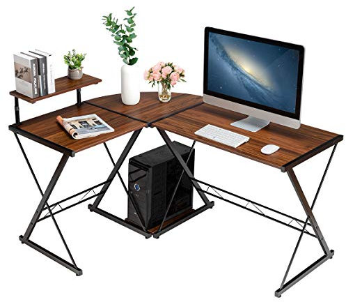 GOPLUS Laptoptisch in L-Form, Computertisch mit Drucker-&Gehäuse- Ständer, Schreibtisch aus Holz&Metall, als 2 Separate Tische Verwendbar, Eisen-Gestell, Höhenverstellbare Füße (Braun)