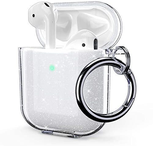 ULAK für AirPods 2&1 Hülle, Durchsichtig Stoßfest Hülle Dünn Schutzhülle mit Karabiner Transparent Ladecase für Apple AirPods 2/AirPods 1 (LED an der Frontseite Sichtbar) - Glitzer