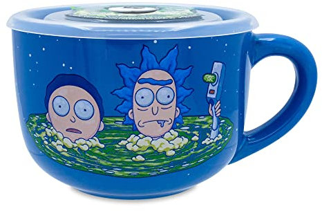 Silver Buffalo RM1406K4 Rick and Morty Heads in Portal Tazza da zuppa in ceramica con coperchio in plastica ventilata, multicolore