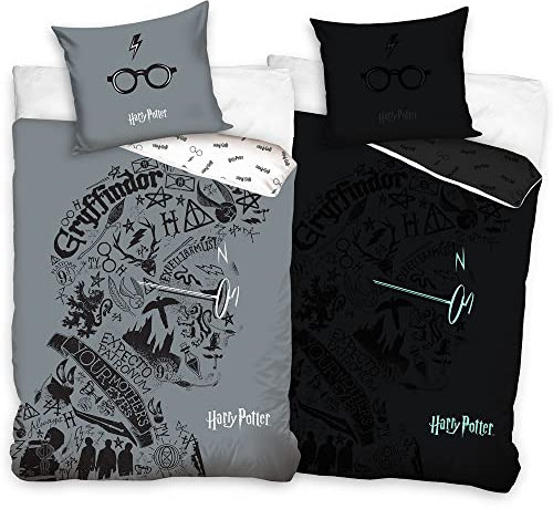 Harry Potter Bettwäsche Glasses Glow in The Dark 135 x 200 + 80 x 80 cm 100% Baumwolle Renforcé-Linon-Qualität HP Gryffindor Slytherin Hufflepuff Ravenclaw Hogwarts Blitz mit Reißverschluss 018