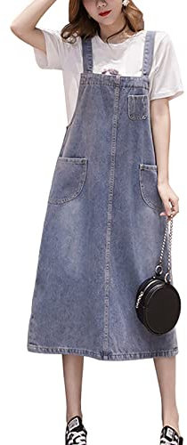 Yishengwan Salopette da Donna Jeans Gonna Lunga Denim Overall Vestito Salopette Jeans con Tasca Azzurro L