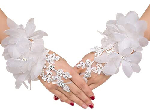 MoreChioce Fingerlose Hochzeitshandschuhe, Kurz Handschuhe Brauthandschuhe Strass Blumenhandschuhe Elegant Sommer Netzhandschuhe Damen Handschuhe Handgelenk Abendhandschuhe,Weiß