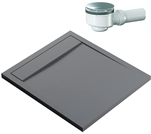 Bernstein Duschtasse New York 90x100 cm Betonoptik, Flache Duschwanne in Steinoptik, Rechteckiges Duschbecken aus Verbundwerkstoff, Rutschhemmende Gel-Coat-Oberfläche, Inkl. Dallmer-Ablauf Orio