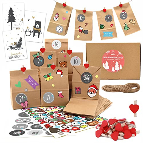 OWLBOOK® Adventskalender zum Befüllen | Adventskalender 2025 Tüten | Weihnachtskalender zum befüllen | 24 Papiertüten mit Aufkleber + Schnur + Klammern | Geschenktüten zu Weihnachten