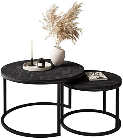 lukmebel Couchtisch rund - CIRI 2in1 - Beistelltisch rund - Kaffetisch - Industrial Deko - Deko Wohnzimmer - Kleiner Beistelltisch - Sofatisch - Kleiner Tisch - Schwarz, Marmor