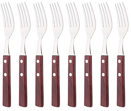 Uniturcky Lot de 8 fourchettes de table en acier inoxydable 304 avec manche en bois naturel, couverts avec manche en bois brun rougeâtre, fourchettes à salade de 20 cm