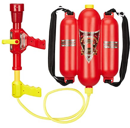 Relaxdays Feuerwehr Wasserspritze, 2,5 l Wassertank, 5 m Reichweite, 2 Sprühfunktionen, Löschrucksack Kinder, rot-gelb, 15 x 30 x 6 cm