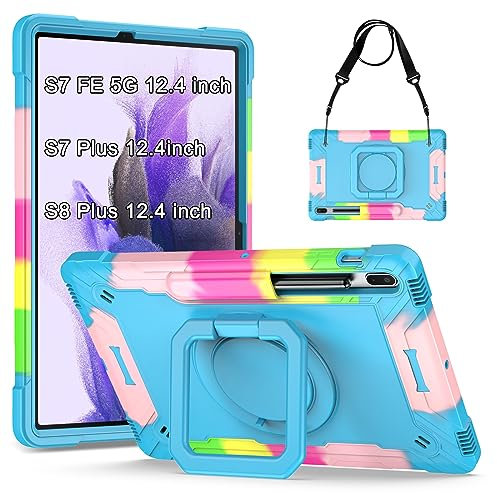 KATUMO Case for Samsung Galaxy Tab S7 FE /S8 Plus/S7 Plus 12.4 inch Shockproof Protective Cover (360°Rotatable Stand & Detachable Adjustable Shoulder Strap & Pencil Holder ）S8+2022/S7 FE 2021/S7+2020
