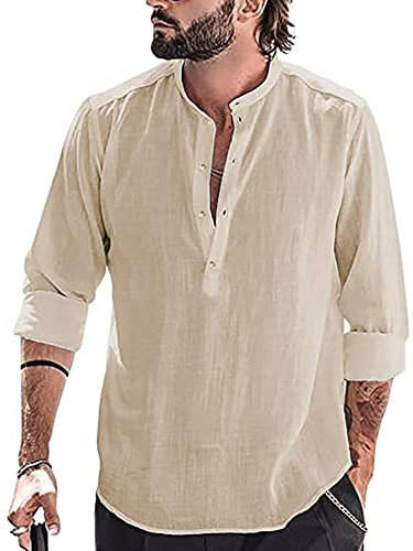 YAOBAOLE Leinenhemd für Herren, Langarm, Sommer, Mao, lässig, Henley, Shirts, für den Strand, klassisch, kaki, L