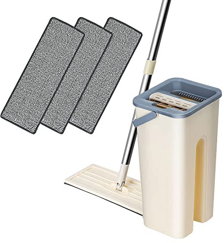 Queiting Mop and Bucket Set, 360° Flat Squeeze Microfiber Mop and Bucket with 3 Replacement Machine Washable Microfibre Mop Pads, Floor Mop Home Floor Tiles Cleaning Wet Dry Cleaning Buckets