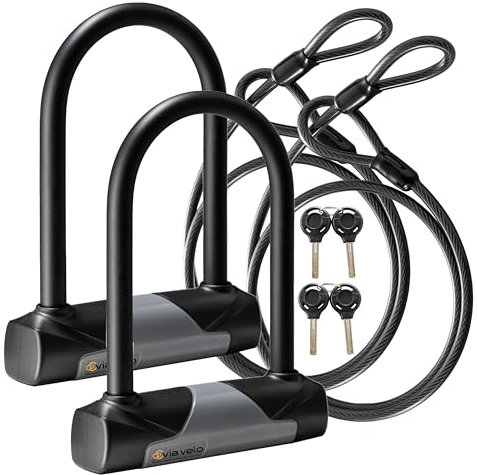 Via Velo 2 Bike U-Lock with Cable Set, Heavy Duty Anti-Theft Bicycle U Locks with 8 mm x 4ft Braided Steel, Same Key System 4 Keyed Alike Keys for E-Bike, Scooter Mountain Road Bike