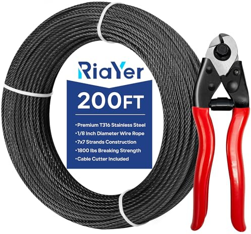 Riayer Câble métallique noir de 60,3 cm avec cutter, kit de garde-corps T316 en acier inoxydable de qualité supérieure, construction de 2,8 x 1,8 m pour suspension d'escalier et d'extérieur, clôture