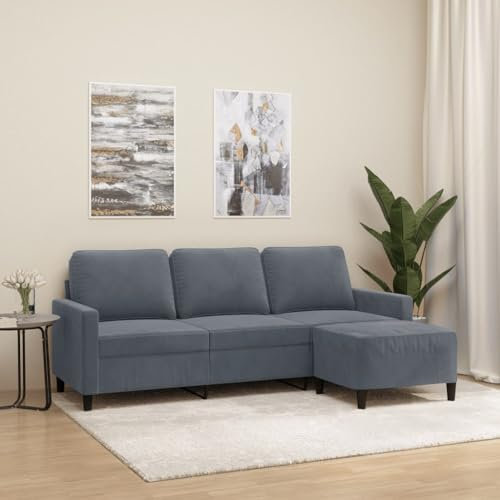 Mengtu 3-Sitzer-Sofa mit Hocker Loungesofa Sofa Couch Polstersofa Relaxsofa Gästesofa Dopplesofa Ecksofa Sofa Chaise Longue für Wohnzimmer Schlafzimmer Gästezimmer Dunkelgrau 180 cm Samt