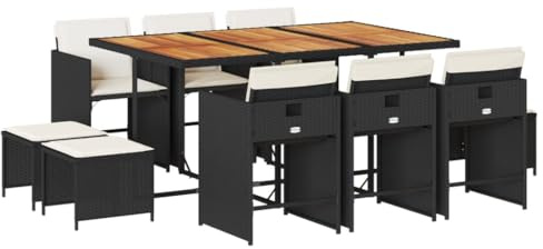 vidaXL Garten Essgruppe 11-TLG., Gartenmöbel Set mit Kissen, Gartengarnitur Tisch 6 Stühle 4 Hocker, Sitzgruppe Sitzgarnitur, Schwarz Poly Rattan