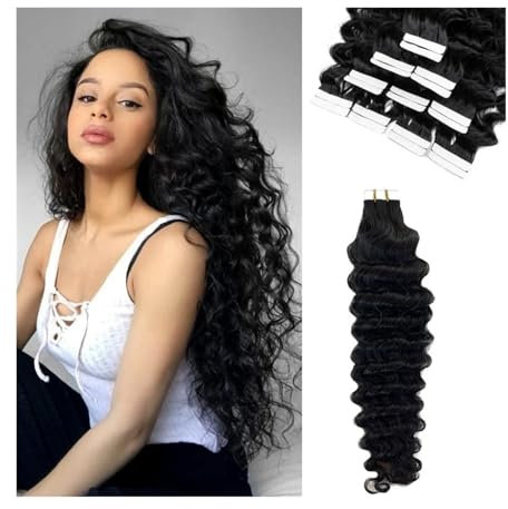 Tape in Haarverlängerungen Deep Wave Tape in Haarverlängerungen Echthaar Jerry Curly Natural Black Unsichtbares doppelseitiges Tape Ins Skin Weft Echthaarverlängerungen #1B Tape in Extensions(20 pcs-5