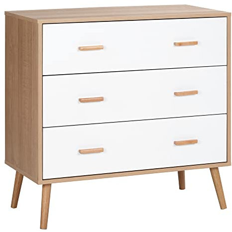 HOMCOM Cassettiera 3 Cassetti Rialzata per Soggiorno e Camera da Letto, Cassettiera Moderna in Legno, 80x39x80 cm, Bianco e color Legno