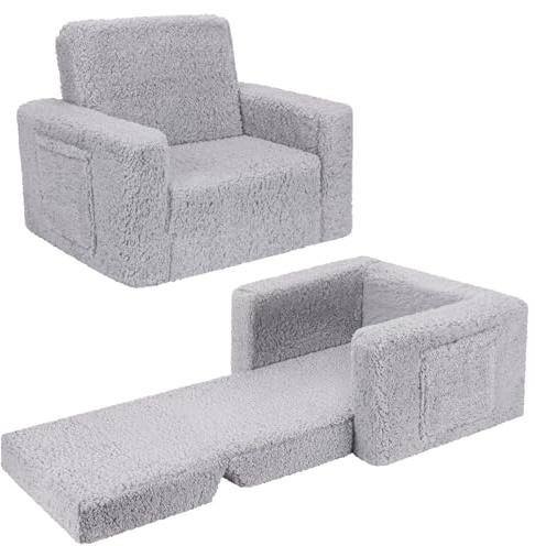 SLIGUY Sofá y silla para niños pequeños, sofá convertible a tumbona, sofá extraíble con funda de sherpa en gris oscuro
