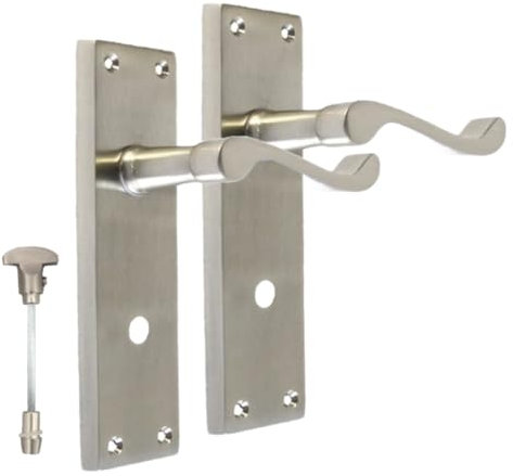 Satin Bathroom Door Handle with Privacy Lock Set - Victorian Style Internal Thumb Turn Latch for Interior Doors Satin Nickel Door Handles, Back Plate (1 Pair of Bathroom Handles)