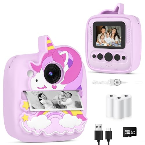 Macchina fotografica di stampa istantanea per bambini, regali di compleanno di Natale per bambini da 3 a 8 anni, 48 MP e 1080P Macchina fotografica digitale per bambini con copertura in silicone