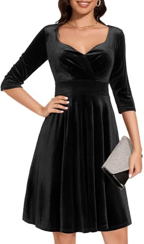 Black Velvet Dress for Women Formal Vintage Cocktail Wedding Guest A-line Dress V-Black L