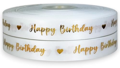 Gold Swirly Foil Print Happy Birthday Ribbon Satin 2m x 25mm for Cakes, Birthday Cakes Gift Wrap Wrapping Ribbon Cards Birthday Decorations Craft (Swirly White & Gold Happy Bday)
