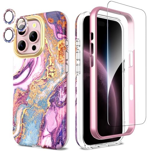 SHEDEER for iPhone 16 Pro Case with Screen Protector + Bumper & Camera Protector, TPU Shockproof 360° Protection, 16 Pro Cases Glossy Fade-Resistant Pattern Phone Case 16 Pro, Purple