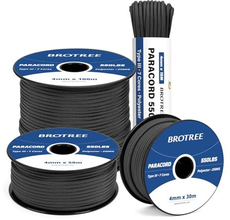 Brotree 550 Paracord 4mm 30m Schnur 100% Polyester Seil Reißfest Typ III 7 Kern für Armbänder, Basteln, Outdoor, Camping, Survival - Schwarz