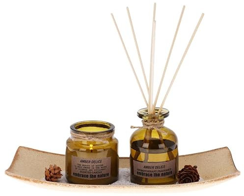 URBNLIVING New Aromatherapy Gift Set - Amber Delice Scented Candles and Reed Diffuser on Wooden Tray Long Lasting Fragrance Ideal for Relaxation Decorative Home Decor Center Peace