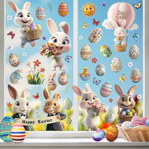 KIKISML Fensterbilder Ostern Selbstklebend, 9 Blätter 106 Pcs Fenstersticker Ostern Wiederverwendbar mit Hasen Ostereier, Fenster Aufkleber Fensterdeko für Kinderzimmer