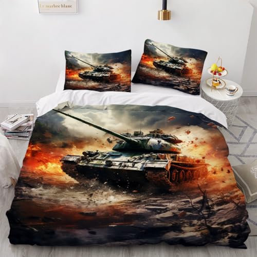 Bettbezug 135x200 cm Bettwäsche Winter 3D kämpfen Tank Panzer Muster Intensive Farbe Mikrofaser Bettwäsche Warm Sanft Bettbezug mit ReißVerschluss Und EckbäNdern + 2 Kissenbezug 80x80 cm Flauschig