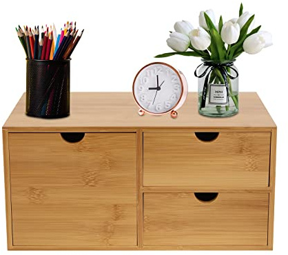 QUIOTUIR Schreibtisch-organisator aus Bambus mit 3 Ausziehbaren Schublade 33x19x16cm Freistehend Vintage Aufbewahrungsbox für Briefmarken Notizen Ordner Schere Rechnungen Stifte