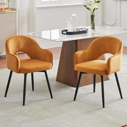 Ya-Home Esszimmerstühle 2er Set, Drehbare Küchenstühle mit Armlehne Samt Polsterstuhl Metallbeine für Esszimmer/Restaurant/Wohnzimmer,Gelb