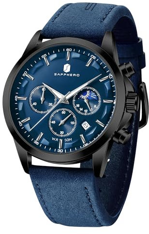 BY BENYAR Uhren Herren Armbanduhr Herren Chronograph Analog Quarz Wasserdicht Blau Lederarmband Herrenuhr Leuchtende Datum Mode Lässig Business-Kleid Uhren Elegantes Geschenk fur Männer