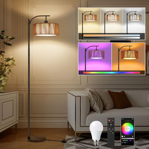 Winverty Stehlampe Wohnzimmer Rattan Boho, RGB Dimmbar Standleuchte mit Fernbedienung und APP Steuern, Timer-Funktion, DIY und Musik Modus, E27 Stehlampen für Büro Schlafzimmer