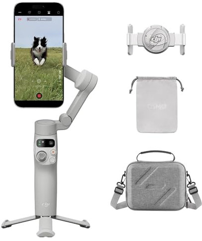 DJI Osmo Mobile 7 Stabilizzatore con Borsa Portaoggetti in pelle PU, Treppiede integrato, Ultra-leggero, Stabilizzatore 3 assi per smartphone, ActiveTrack 7.0, Editing a un tocco, 10 ore di autonomia