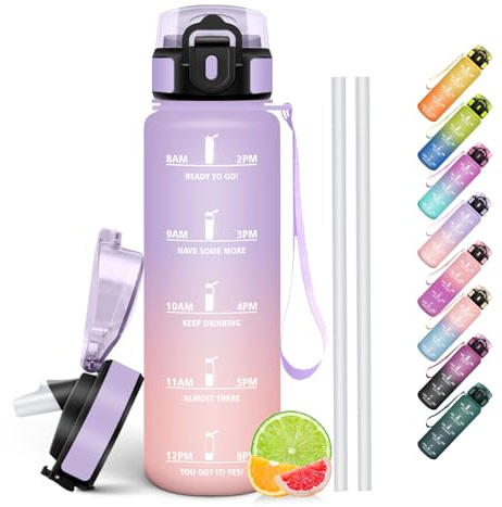 HoneyHolly Gourde 1l, Étanches, Gourde Paille, sans BPA & Réutilisable, Bouteille, Motivation Bouteille d'eau, Avec Marqueur de Temps, Water Bottle pour Gym, Ecole, Cyclisme, Plein air, Sport