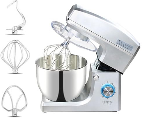 1500W DC Motor Desk Mixer with 3 Mixing Heads, Dough Hook, Mixing Stick, Egg Whisk, 7L Stainless Steel Bowl, Includes Splash Guard
