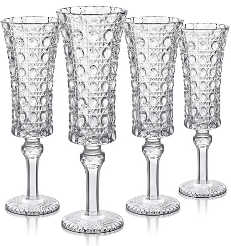 Joeyan 120ml Vintage Sektgläser 4er set, 4 oz Geprägte Champagner Gläser | Gravur Sektkelche mit Diamantge Pattern Relief für Cava Prosecco, Dekorative Stielgläser Sektflöten für Bars Zuhause Party