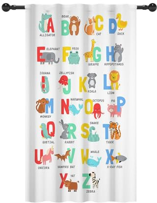 YONGFOTO 107x160cm ABC Alphabet Vorhänge Für Kinder, Bunte Niedliche Tiere Lustiges Lernen Bildung Lichtfilternde Fenster Vorhänge Mit Stangentasche Für Kinderzimmer Klassenzimmer, 1 Stück